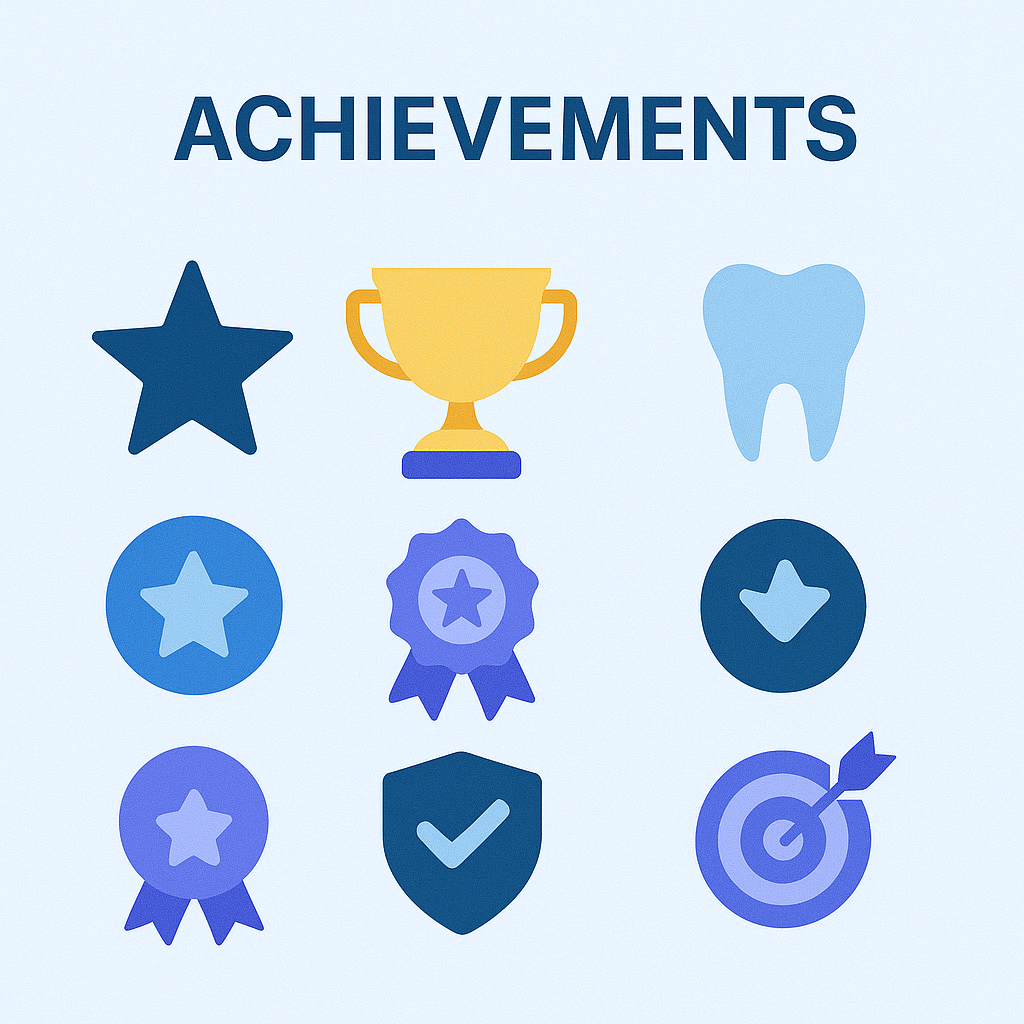 Achievement badges including stars, trophies, dental icons, progress badges