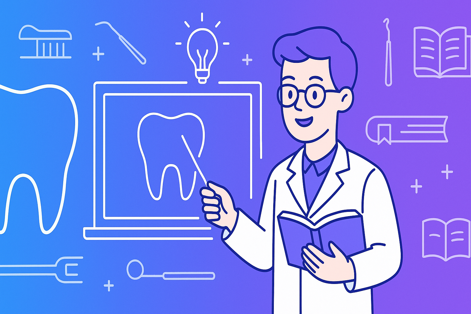 Dental specialist studying with DentoBoard™ - Educational illustration